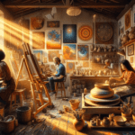 DALL·E 2023-11-06 21.27.13 – An artist’s atelier during golden hour, with rays of the setting sun casting a warm glow over a lively and eclectic workspace. The scene includes a Bl