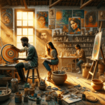 DALL·E 2023-11-06 21.27.17 – An artist’s atelier during golden hour, with rays of the setting sun casting a warm glow over a lively and eclectic workspace. The scene includes a Bl