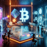 DALL·E 2023-11-06 21.47.14 – A futuristic digital art studio that blends the aesthetics of cryptocurrency and digital art. The space is filled with advanced technology_ holographi
