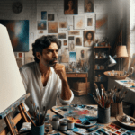 DALL·E 2023-11-06 22.16.15 – A 16_9 cover image that portrays an artist in their studio, deep in thought about their next masterpiece. The studio is filled with creative chaos_ sc