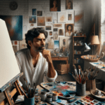 DALL·E 2023-11-06 22.16.16 – A 16_9 cover image that portrays an artist in their studio, deep in thought about their next masterpiece. The studio is filled with creative chaos_ sc