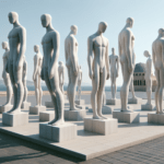 Nella fotografia si vede un gruppo di sculture in piedi, tutte realizzate in un materiale bianco che sembra essere marmo o un altro tipo di pietra. Le figure sono stilizzate, con forme allungate e semplificate, evocative di un’estetica moderna. Alcune sculture hanno le braccia lunghe che toccano il suolo. Sono disposte su una terrazza all’aperto con vista sul mare. Sullo sfondo si intravede una struttura a cupola. Il cielo è sereno e azzurro, il che contribuisce a dare un senso di pace e serenità all’ambiente.