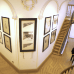 create a modern museum with visitors inside