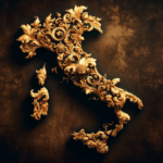 DALL·E 2023-11-07 00.42.12 – Create a 16_9 image featuring the silhouette of the map of Italy stylized in the Baroque fashion. The map should be ornate, with intricate gold leaf d
