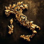 DALL·E 2023-11-07 00.42.17 – Create a 16_9 image featuring the silhouette of the map of Italy stylized in the Baroque fashion. The map should be ornate, with intricate gold leaf d