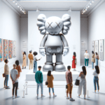 kaws A toy in the style of a modern, abstract, and minimalistic design, resembling the works of KAWS, displayed in a museum. The toy is characterized by it