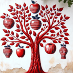 DALL·E 2023-12-02 17.03.00 – An image of a stylized red tree painted on a wall, where the fruits are represented as traditional ceramics. The tree should have a unique, artistic d