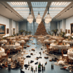 DALL·E 2023-12-30 22.23.50 – The interior of the MoMA (Museum of Modern Art) in New York in a 16_9 aspect ratio, the day after a grand ‘Great Gatsby’ style Christmas party, focusi