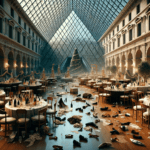 DALL·E 2023-12-30 22.26.09 – The interior of the Louvre Museum under the pyramid in a 16_9 aspect ratio, the day after a grand ‘Great Gatsby’ style Christmas party, emphasizing mo