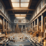 DALL·E 2023-12-30 22.26.34 – The interior of the Uffizi Gallery in Florence in a 16_9 aspect ratio, the day after a grand ‘Great Gatsby’ style Christmas party. The horizontal imag