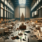 DALL·E 2023-12-30 23.25.21 – The interior of the Tate Modern in London in a 16_9 aspect ratio, the day after a grand ‘Great Gatsby’ style Christmas party, focusing on more tables,