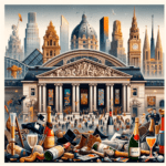 DALL·E 2023-12-30 23.59.57 – A square cover image for an article, depicting the ‘day after’ of a grand ‘Great Gatsby’ style New Year’s Eve party at various famous museums around t