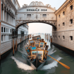 Una gondola piena di quadri al suo interno che naviga nei canali di venezia e si appresta ad entrare in un arco con la scritta BIENNALE 2024 per l’ingresso di un molo