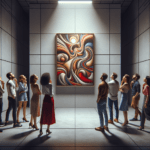 un quadro astratto esposto in un museo moderno con la gente che lo guarda stupita