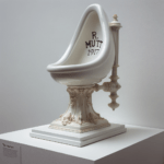 “La fontana”: Questa scultura del 1917, composta da un orinatoio a parete di porcellana economico. l’orinatoio è staccato dalal parate e appoggiateo orizzontalmente su un piedistallo bianco museale. l’orinatorio ha una firma a penanrello sul lato R.Mutt 1917