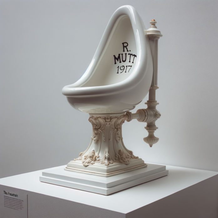 "La fontana": Questa scultura del 1917, composta da un orinatoio a parete di porcellana economico. l'orinatoio è staccato dalal parate e appoggiateo orizzontalmente su un piedistallo bianco museale. l'orinatorio ha una firma a penanrello sul lato R.Mutt 1917