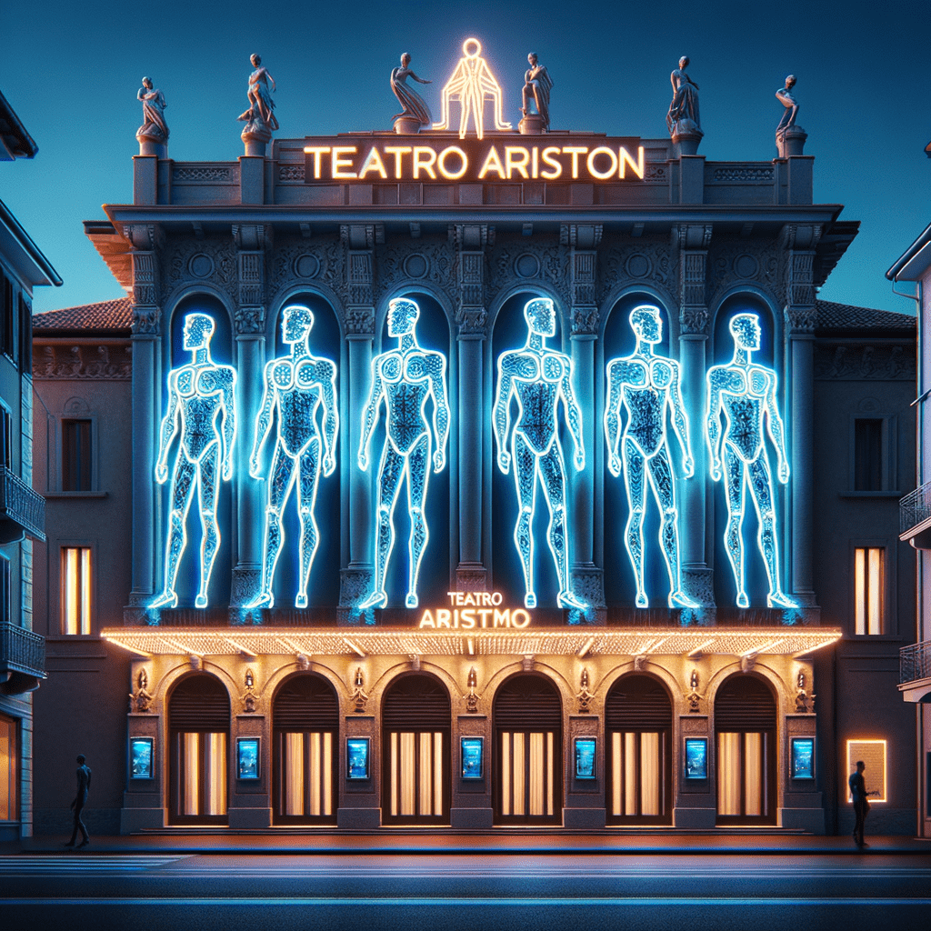 una immagine dle Teatro Ariston. di sanremo con degli uomini stilizzati neon sulla facciata