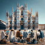 il duomo di milano con 5 artisti che dipingono davanti a lui