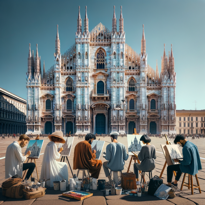 il duomo di milano con 5 artisti che dipingono davanti a lui