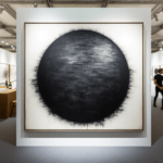 richard serra: “Un’immagine di un grande disegno astratto che presenta un cerchio nero opaco su sfondo bianco. Il cerchio è realizzato con un medium che sembra pastello a olio o carboncino, con tratti densi e texture grezze. Il cerchio è posizionato centralmente sul piano e si distingue per la sua intensità e profondità di colore. Il bordo inferiore del cerchio sfuma leggermente nell’ambiente circostante, suggerendo un senso di movimento o di dissolvenza. L’opera è contenuta entro una cornice sottile e semplice, che ne delimita e contrasta la potente espressione visiva.” create this artwork in an both of art fair with the public see and galleryst open champagne