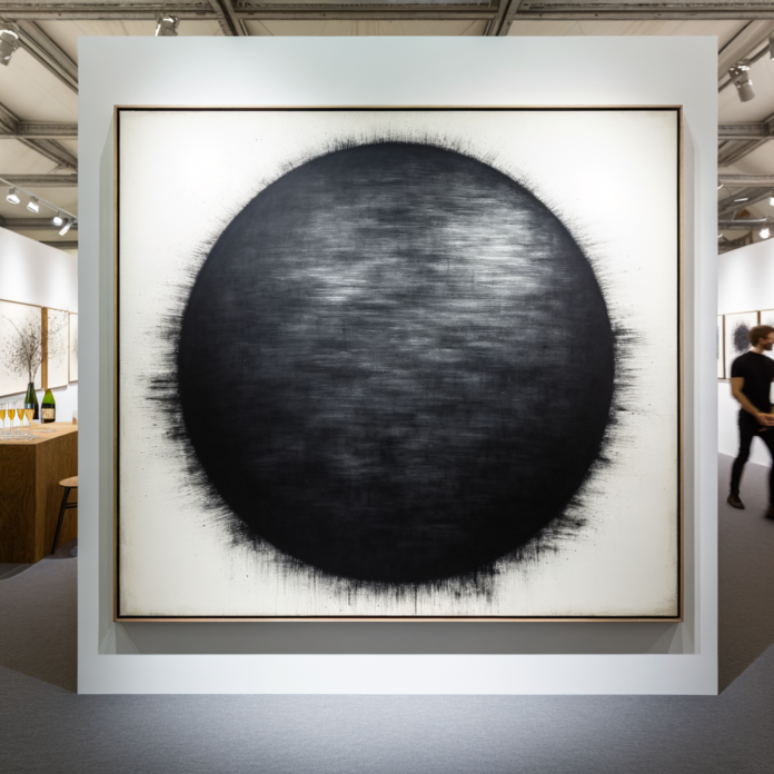 richard serra: "Un'immagine di un grande disegno astratto che presenta un cerchio nero opaco su sfondo bianco. Il cerchio è realizzato con un medium che sembra pastello a olio o carboncino, con tratti densi e texture grezze. Il cerchio è posizionato centralmente sul piano e si distingue per la sua intensità e profondità di colore. Il bordo inferiore del cerchio sfuma leggermente nell'ambiente circostante, suggerendo un senso di movimento o di dissolvenza. L'opera è contenuta entro una cornice sottile e semplice, che ne delimita e contrasta la potente espressione visiva." create this artwork in an both of art fair with the public see and galleryst open champagne