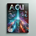 DALL·E 2024-04-22 23.14.42 – A futuristic online magazine cover designed by AI, showcasing a high-tech theme with digital elements such as abstract data streams, holographic inter