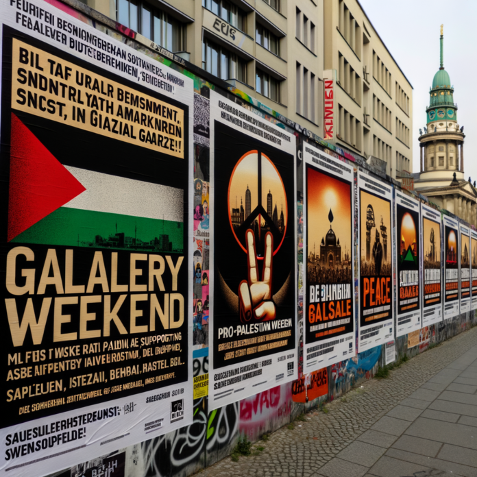 Con l'inizio del Gallery Weekend Berlino, le strade della città sono state adornate con centinaia di poster pro-Palestina durante la notte. Realizzati per imitare il branding ufficiale dell'evento, questi poster criticano aspramente il governo tedesco per il suo sostegno alle azioni belliche di Israele a Gaza, sollevando questioni di complicità e responsabilità morale nel settore dell'arte e della cultura.