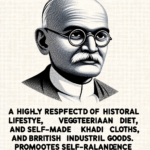 Gandhi, , è stato noto per il suo stile di vita semplice, la sua dieta vegetariana e la sua autoprodotto abbigliamento di khadi, che simboleggiava il rifiuto dei prodotti industriali britannici e promuoveva l’autosufficienza indiana.