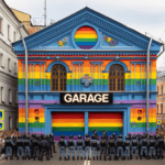 Il Museo Garage di Mosca ncircondato dalla Polizia e l’esterno dipinto dia rcobalena LGBTQ