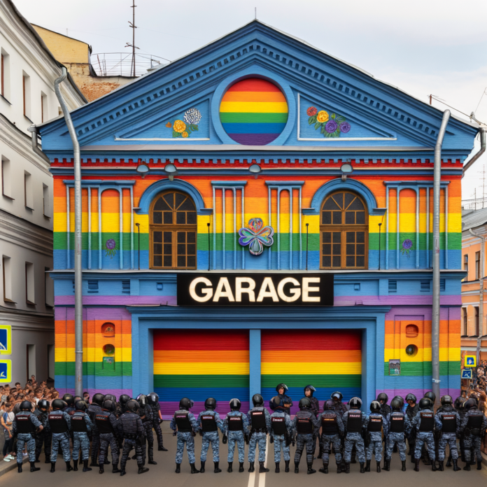 Il Museo Garage di Mosca ncircondato dalla Polizia e l'esterno dipinto dia rcobalena LGBTQ