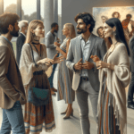 “Networking nel Settore dell’Arte: Creare Connessioni Significative” riproduci artisti e collezionsiti in un museo moderno che parlano tra loro durante un vernissage come fosse uan fotografia