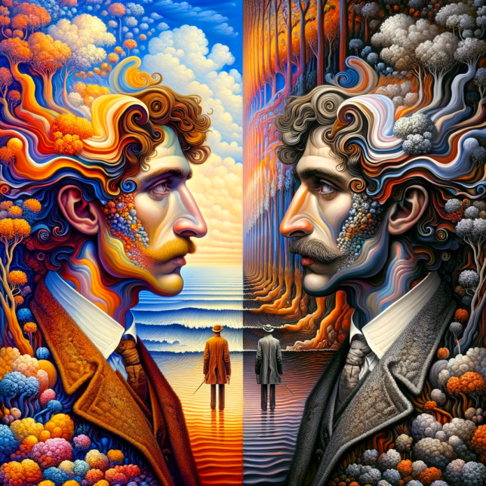 Salvador Dalì e Yves Tanguy sono due figure emblematiche del movimento surrealista, ma le loro opere e stili presentano differenze significative. rappresenta i due artisti lpunto davanti all\'altro con in stile come le lroo operre