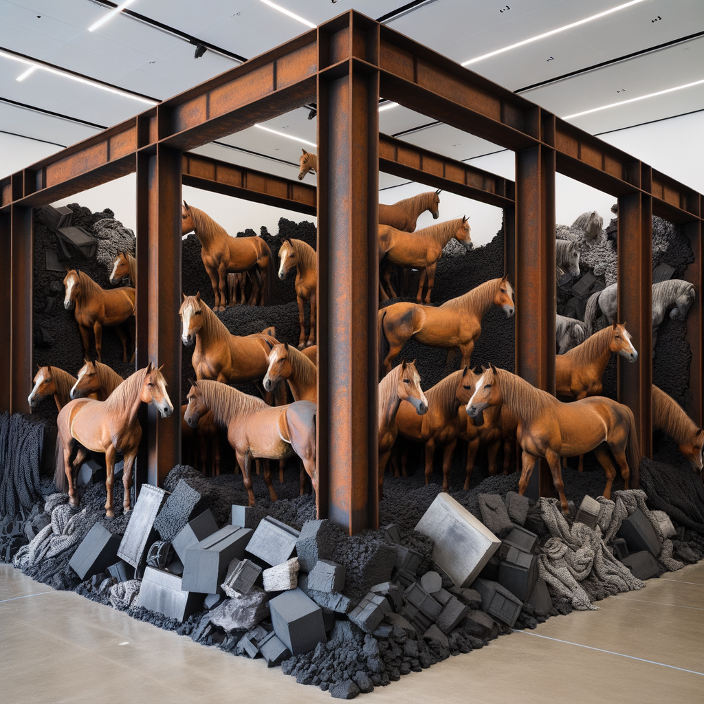 Le opere di Jannis Kounellis sono note per l'uso di materiali non convenzionali come ferro, carbone, legno, e tessuti. Alcune delle sue opere più celebri includono: Untitled (12 Horses) (1969): Un'installazione che vede dodici cavalli vivi all'interno di una galleria d'arte, sfidando le convenzioni tradizionali dell'arte.