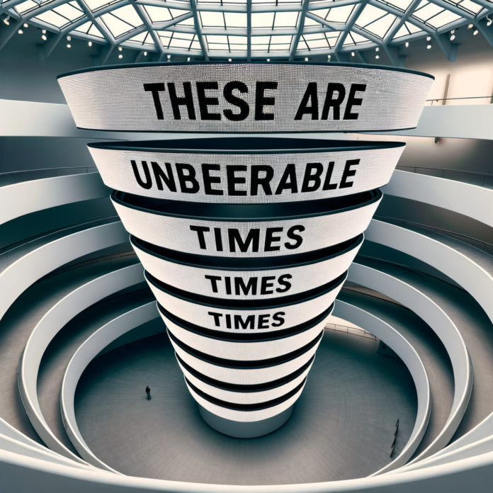 "Sono tempi intollerabili" recita ripetutamente il testo scorrevole su uno schermo LED lungo 900 piedi montato lungo la spirale delle sale del Guggenheim Museum di new york per la mostra di Jenny Holzer.