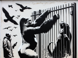 La nuova opera, uno stencil nero raffigurante un gorilla che apre la recinzione dello zoo per far uscire una foca e degli uccelli, è stata accolta con sorpresa dal direttore della struttura